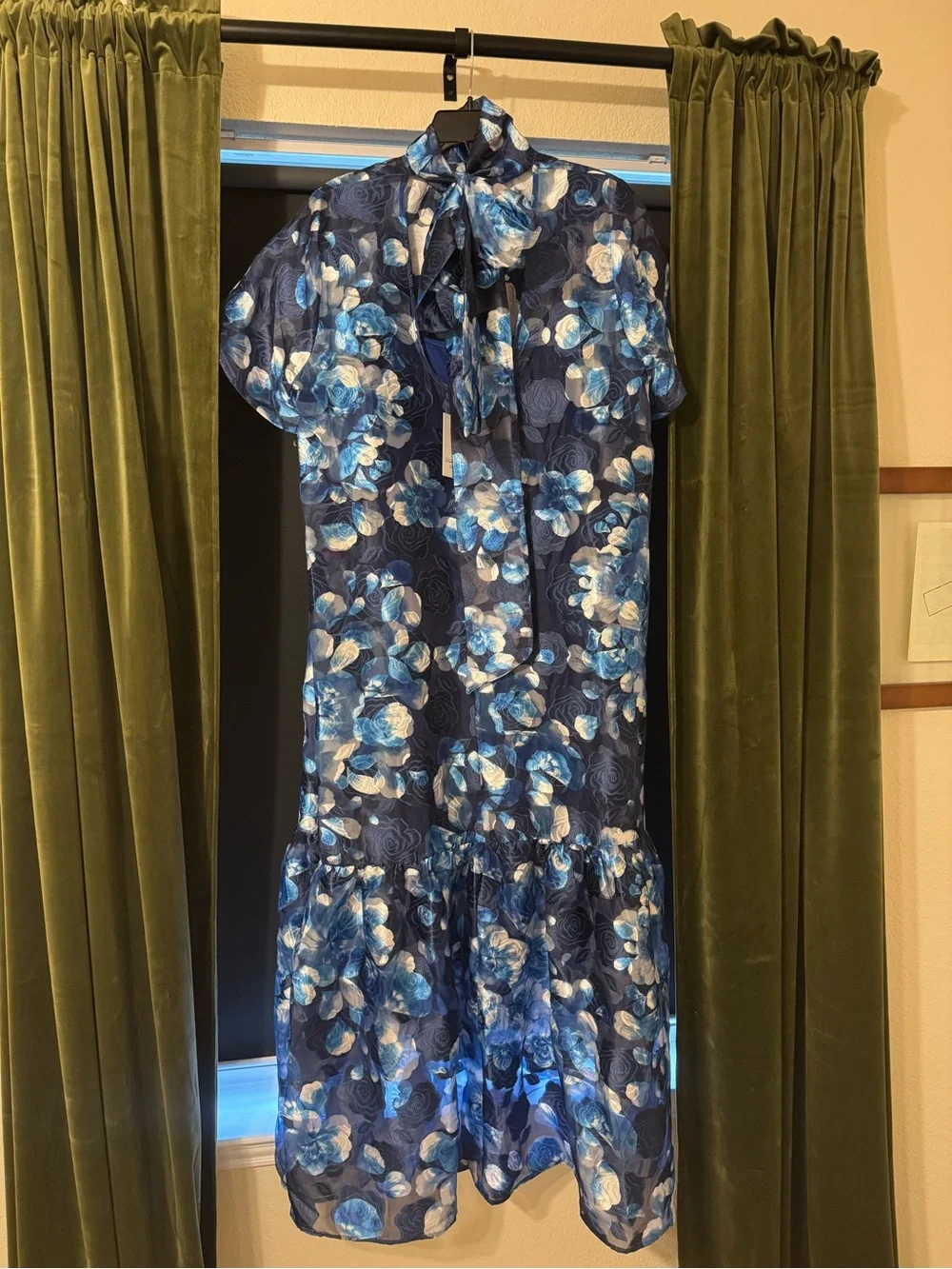 Blue Floral Dress with Short Sleeves, High Neck - Picture 2 of 2